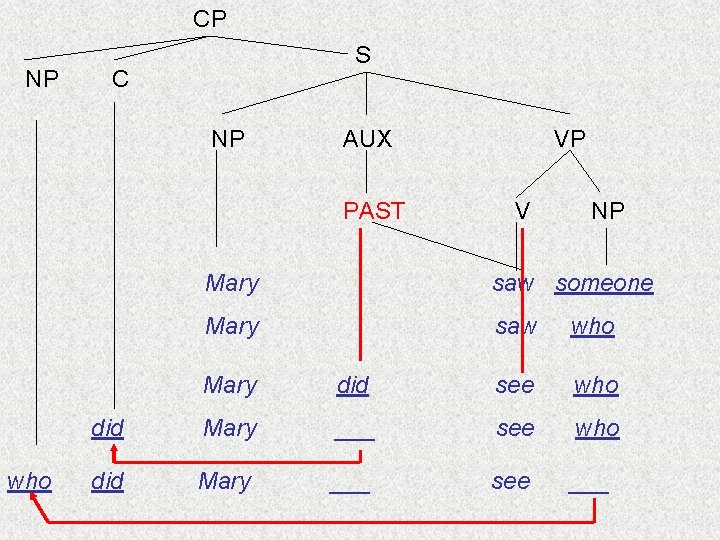 CP NP S C NP AUX PAST who VP V NP Mary saw someone