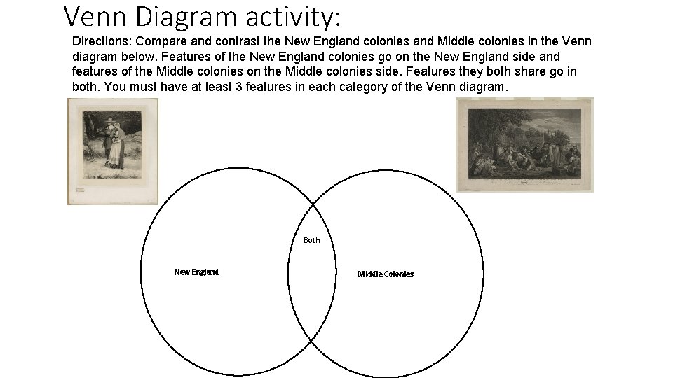 Venn Diagram activity: Directions: Compare and contrast the New England colonies and Middle colonies