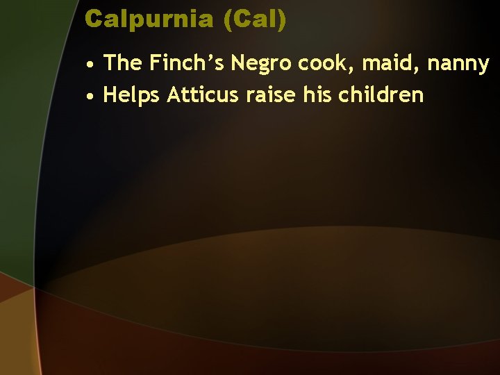 Calpurnia (Cal) • The Finch’s Negro cook, maid, nanny • Helps Atticus raise his