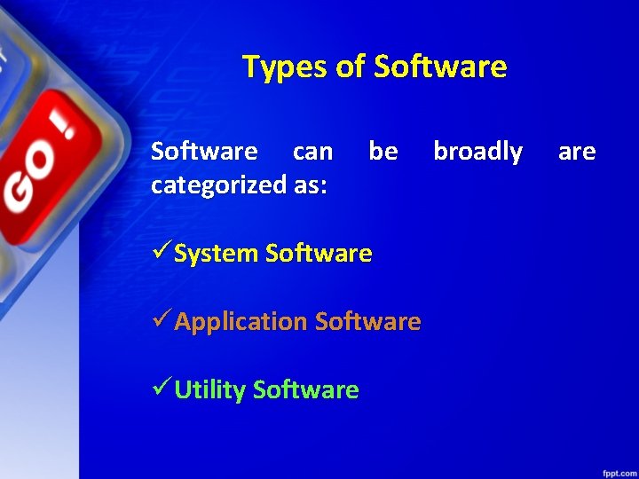 Types of Software can categorized as: be üSystem Software üApplication Software üUtility Software broadly