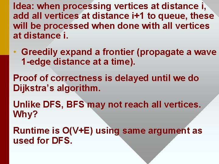 Idea: when processing vertices at distance i, add all vertices at distance i+1 to