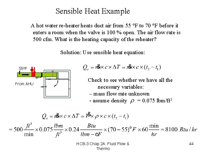 Sensible Heat Example A hot water re-heater heats duct air from 55 °F to