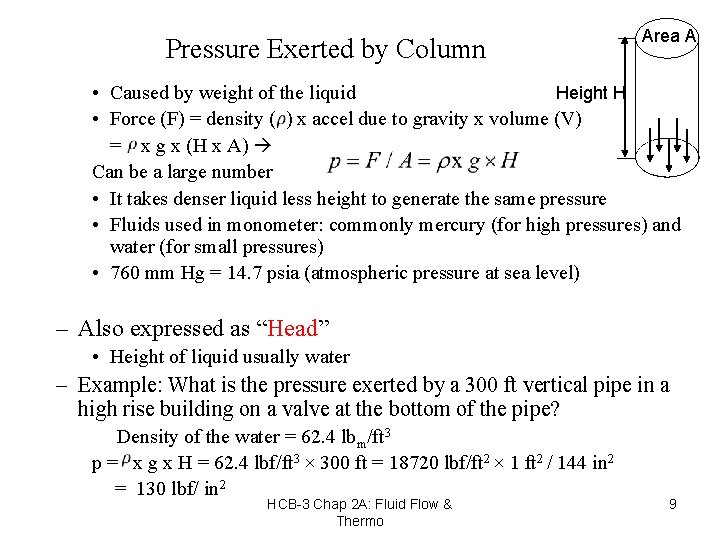 Pressure Exerted by Column Area A • Caused by weight of the liquid Height
