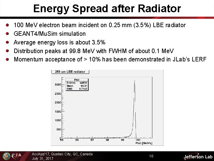 Energy Spread after Radiator 100 Me. V electron beam incident on 0. 25 mm