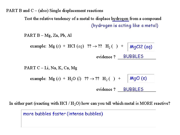 PART B and C – (also) Single displacement reactions Test the relative tendency of