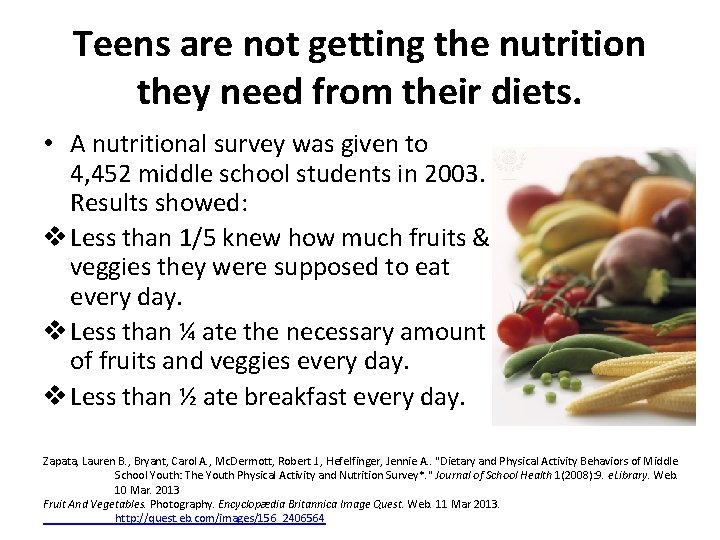 Teens are not getting the nutrition they need from their diets. • A nutritional