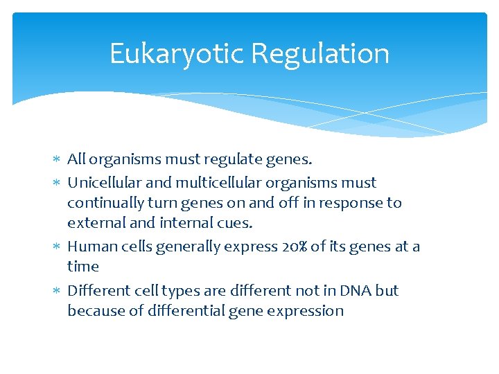 Eukaryotic Regulation All organisms must regulate genes. Unicellular and multicellular organisms must continually turn