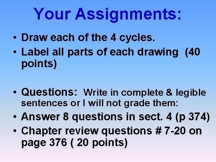 Your Assignments: • Draw each of the 4 cycles. • Label all parts of