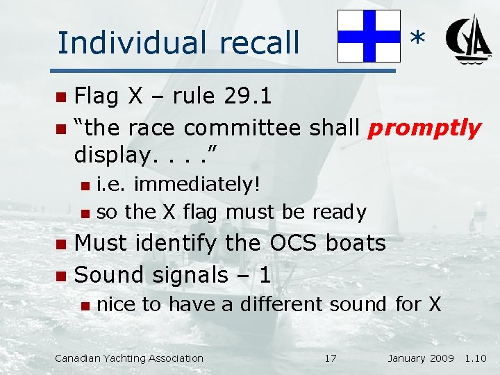 Individual recall * Flag X – rule 29. 1 n “the race committee shall