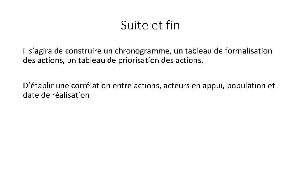 Suite et fin il s’agira de construire un chronogramme, un tableau de formalisation des