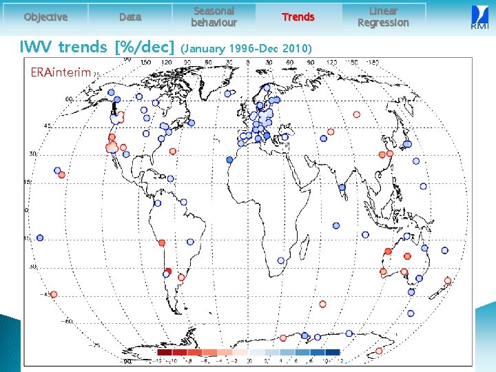 Objective Data IWV trends [%/dec] ERAinterim Seasonal behaviour Trends (January 1996 -Dec 2010) Linear