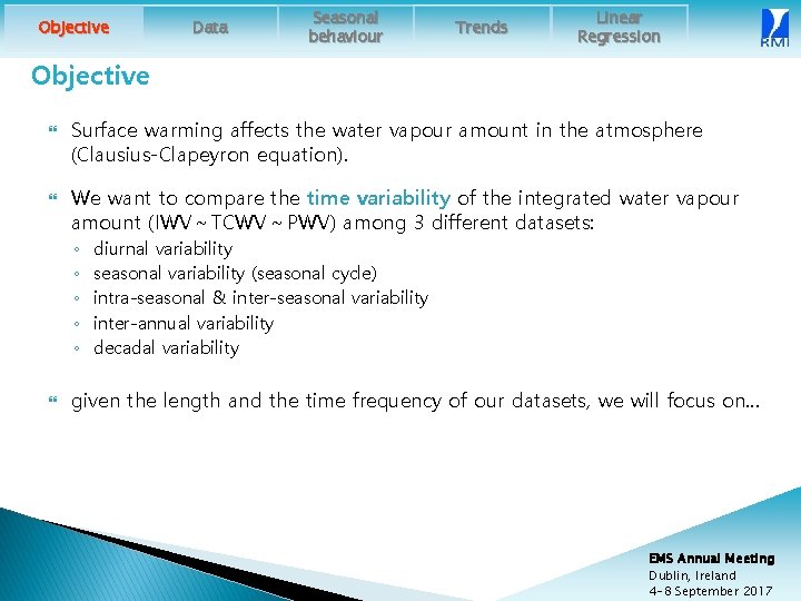 Objective Data Seasonal behaviour Trends Linear Regression Objective Surface warming affects the water vapour