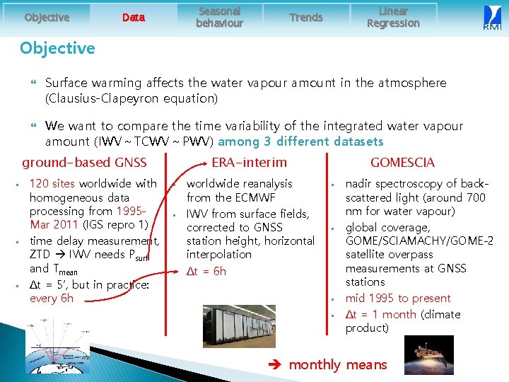 Objective Seasonal behaviour Data Linear Regression Trends Objective Surface warming affects the water vapour