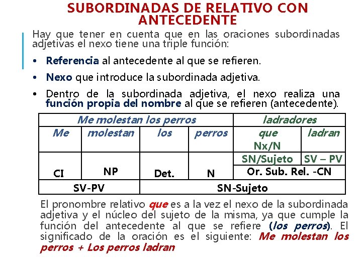 SUBORDINADAS DE RELATIVO CON ANTECEDENTE Hay que tener en cuenta que en las oraciones SUBORDINADAS DE RELATIVO CON ANTECEDENTE Hay que tener en cuenta que en las oraciones