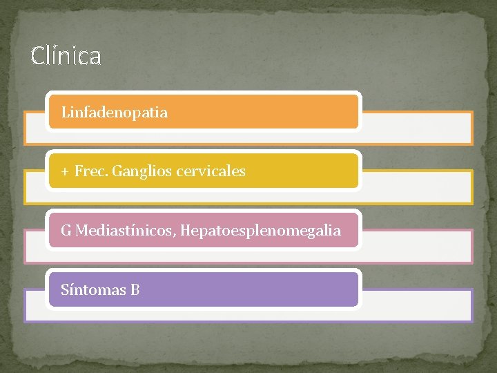 Clínica Linfadenopatia + Frec. Ganglios cervicales G Mediastínicos, Hepatoesplenomegalia Síntomas B 