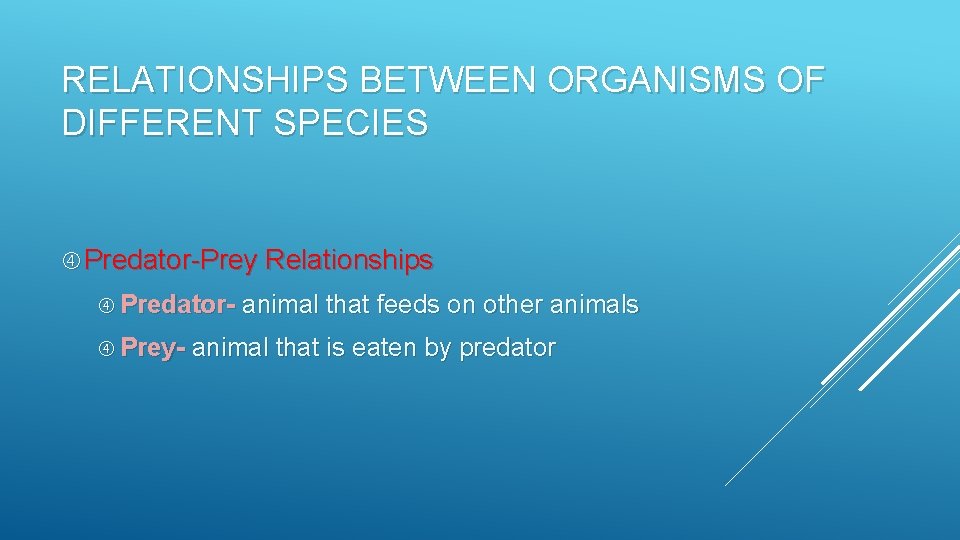RELATIONSHIPS BETWEEN ORGANISMS OF DIFFERENT SPECIES Predator-Prey Relationships Predator- animal that feeds on other