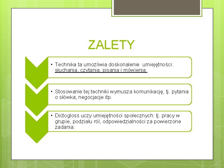 ZALETY • Technika ta umożliwia doskonalenie umiejętności: słuchania, czytania, pisania i mówienia. • Stosowanie