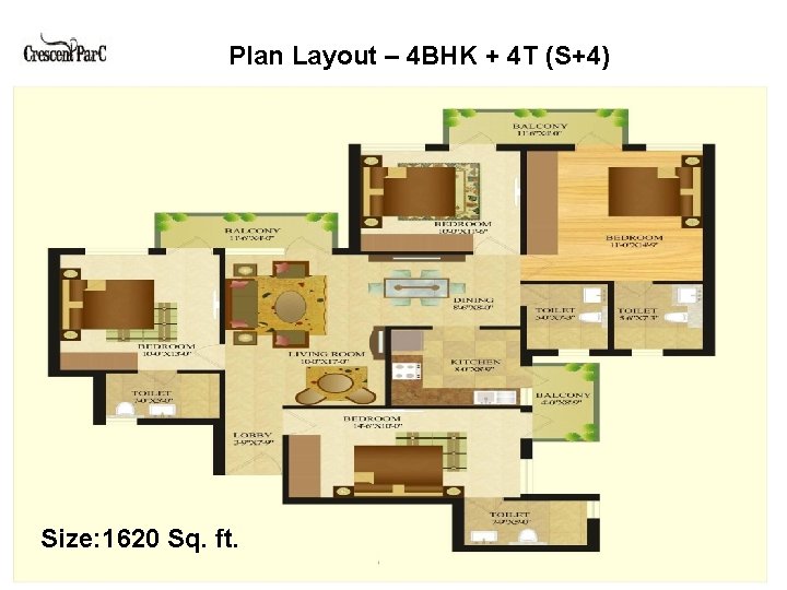 Plan Layout – 4 BHK + 4 T (S+4) Size: 1620 Sq. ft. 