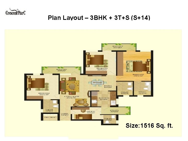 Plan Layout – 3 BHK + 3 T+S (S+14) Size: 1516 Sq. ft. 