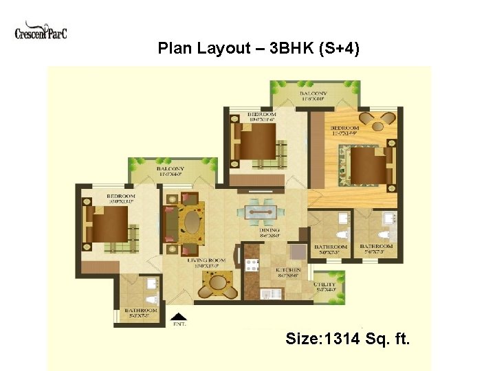 Plan Layout – 3 BHK (S+4) Size: 1314 Sq. ft. 