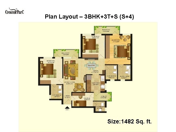 Plan Layout – 3 BHK+3 T+S (S+4) Size: 1482 Sq. ft. 