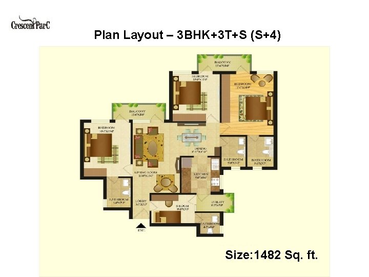 Plan Layout – 3 BHK+3 T+S (S+4) Size: 1482 Sq. ft. Plan Layout – 3 BHK+3 T+S (S+4) Size: 1482 Sq. ft.