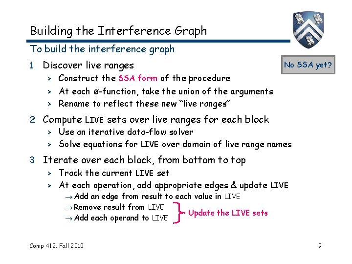 Building the Interference Graph To build the interference graph 1 Discover live ranges No