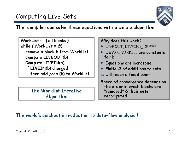Computing LIVE Sets The compiler can solve these equations with a simple algorithm Work.