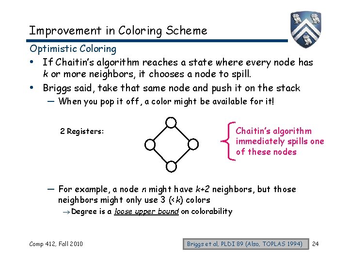 Improvement in Coloring Scheme Optimistic Coloring • If Chaitin’s algorithm reaches a state where