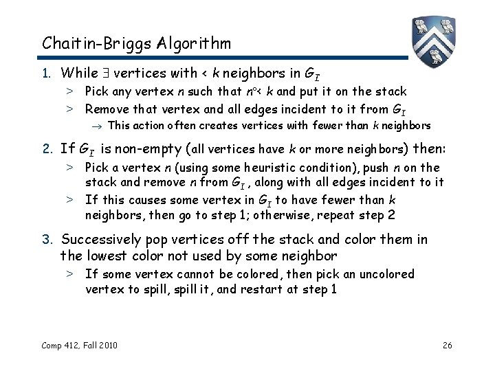 Chaitin-Briggs Algorithm 1. While vertices with < k neighbors in GI > Pick any