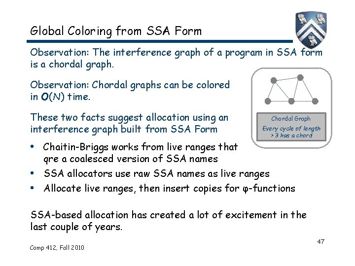 Global Coloring from SSA Form Observation: The interference graph of a program in SSA