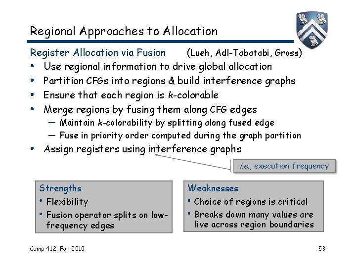 Regional Approaches to Allocation Register Allocation via Fusion (Lueh, Adl-Tabatabi, Gross) • Use regional