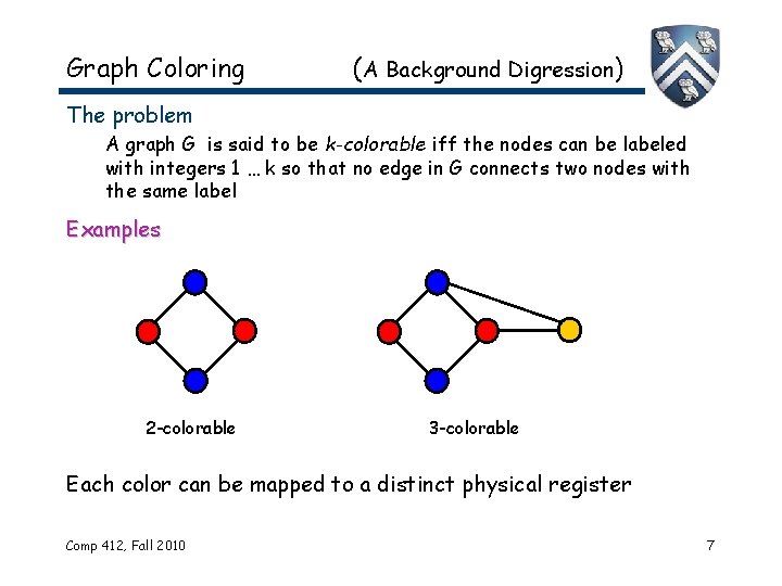 Graph Coloring (A Background Digression) The problem A graph G is said to be