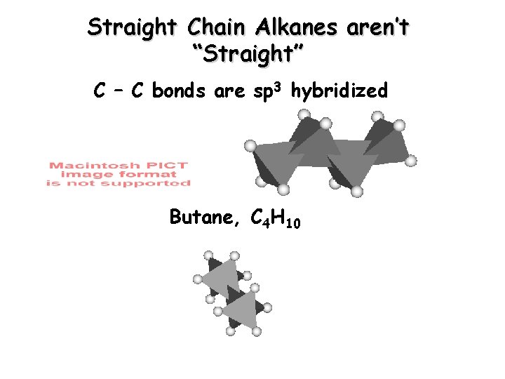 Straight Chain Alkanes aren’t “Straight” C – C bonds are sp 3 hybridized Butane,