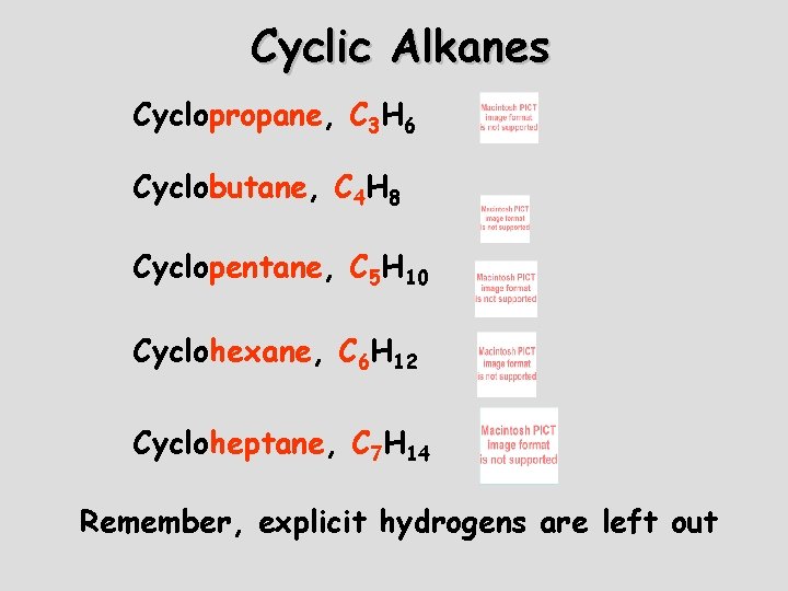 Cyclic Alkanes Cyclopropane, C 3 H 6 Cyclobutane, C 4 H 8 Cyclopentane, C