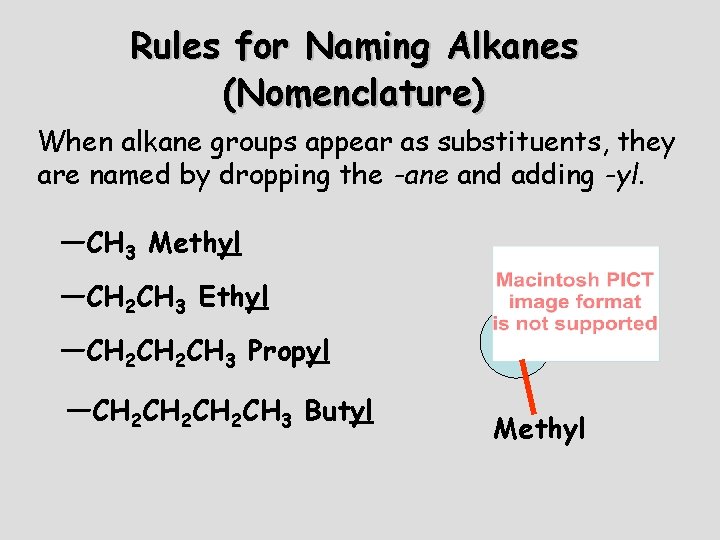 Rules for Naming Alkanes (Nomenclature) When alkane groups appear as substituents, they are named