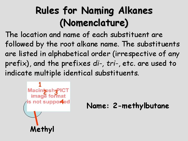 Rules for Naming Alkanes (Nomenclature) The location and name of each substituent are followed