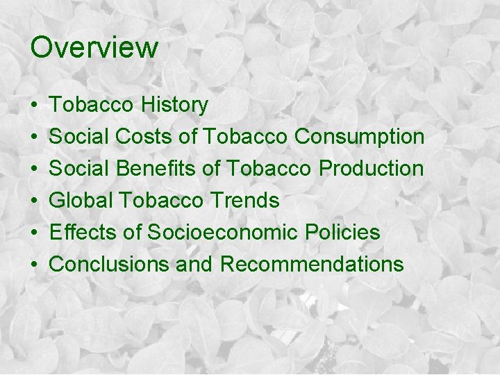 Overview • • • Tobacco History Social Costs of Tobacco Consumption Social Benefits of