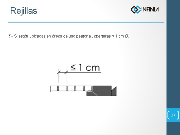 Rejillas 3)- Si están ubicadas en áreas de uso peatonal, aperturas ≤ 1 cm