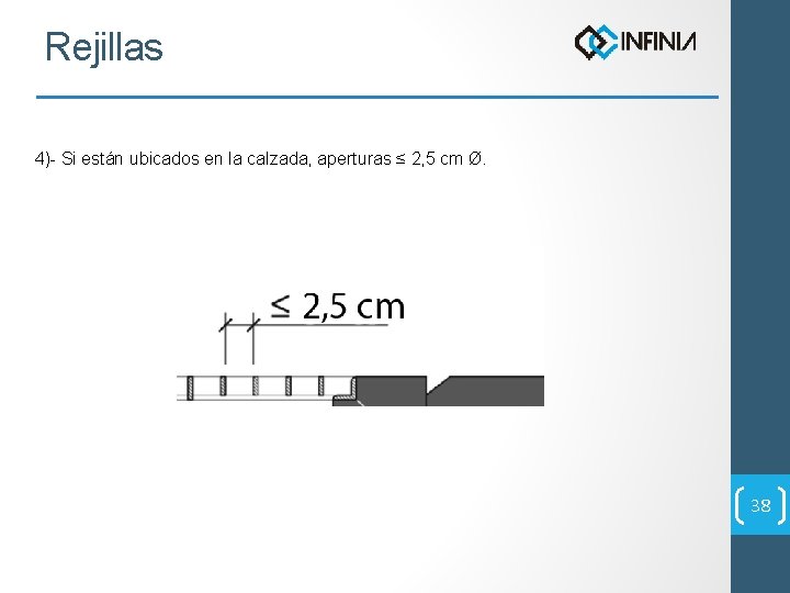 Rejillas 4)- Si están ubicados en la calzada, aperturas ≤ 2, 5 cm Ø.