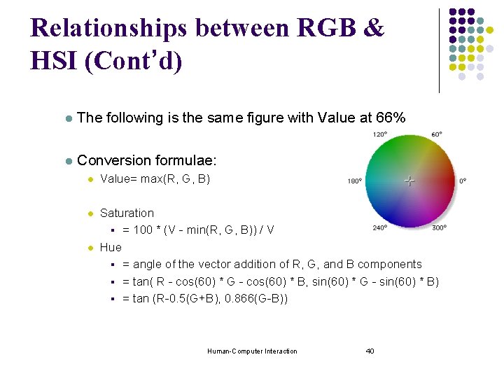 Relationships between RGB & HSI (Cont’d) l The following is the same figure with Relationships between RGB & HSI (Cont’d) l The following is the same figure with