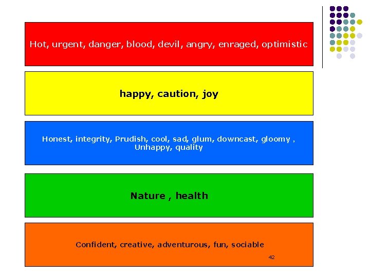 Hot, urgent, danger, blood, devil, angry, enraged, optimistic happy, caution, joy Honest, integrity, Prudish, Hot, urgent, danger, blood, devil, angry, enraged, optimistic happy, caution, joy Honest, integrity, Prudish,
