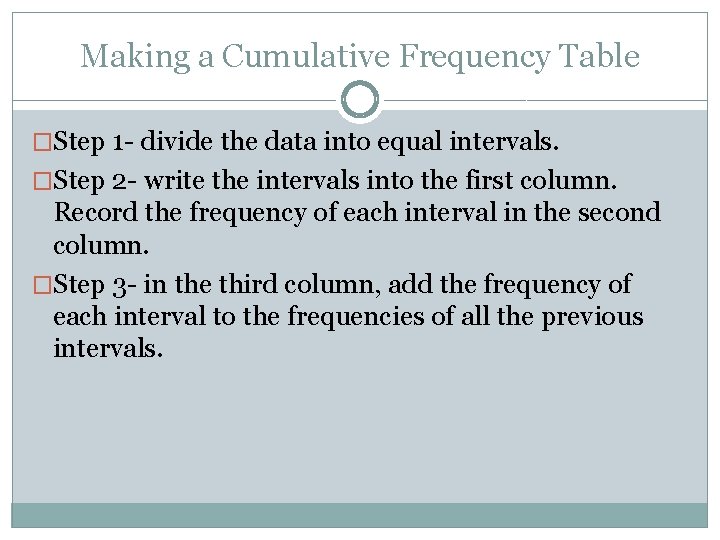 Making a Cumulative Frequency Table �Step 1 - divide the data into equal intervals.