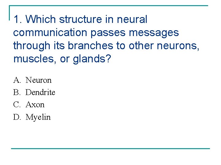 1. Which structure in neural communication passes messages through its branches to other neurons,