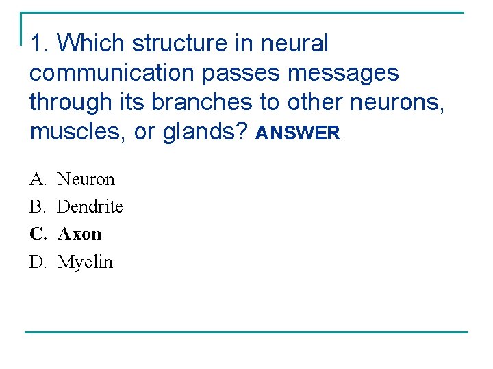 1. Which structure in neural communication passes messages through its branches to other neurons,