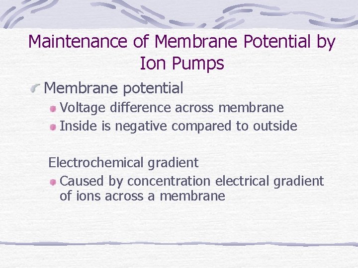 Maintenance of Membrane Potential by Ion Pumps Membrane potential Voltage difference across membrane Inside