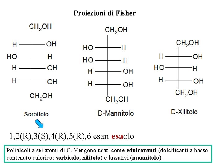 Proiezioni di Fisher 1, 2(R), 3(S), 4(R), 5(R), 6 esan-esaolo Polialcoli a sei atomi