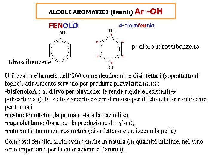 ALCOLI AROMATICI (fenoli) FENOLO Ar -OH 4 -clorofenolo fen p- cloro-idrossibenzene Idrossibenzene Utilizzati nella