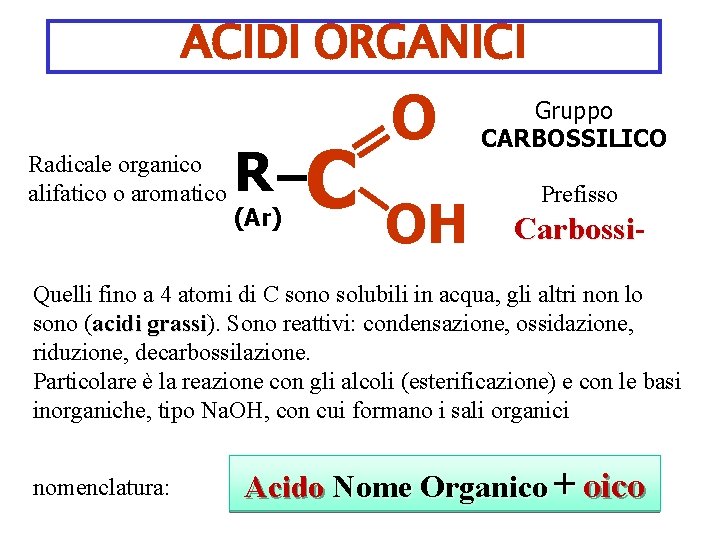 ACIDI ORGANICI Radicale organico alifatico o aromatico R (Ar) C O OH Gruppo CARBOSSILICO