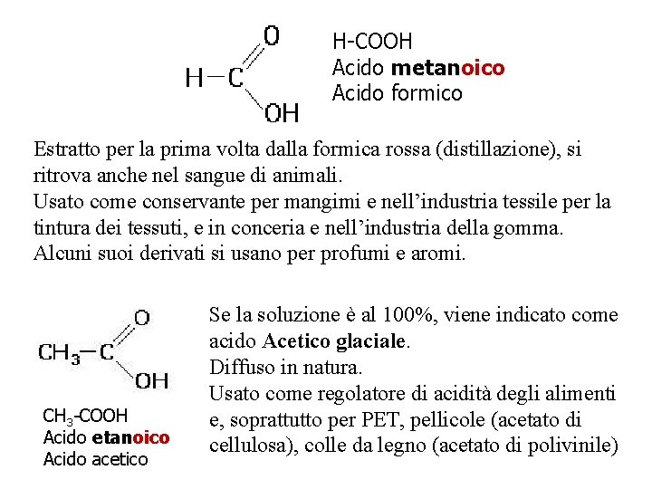 H-COOH Acido metanoico Acido formico Estratto per la prima volta dalla formica rossa (distillazione),